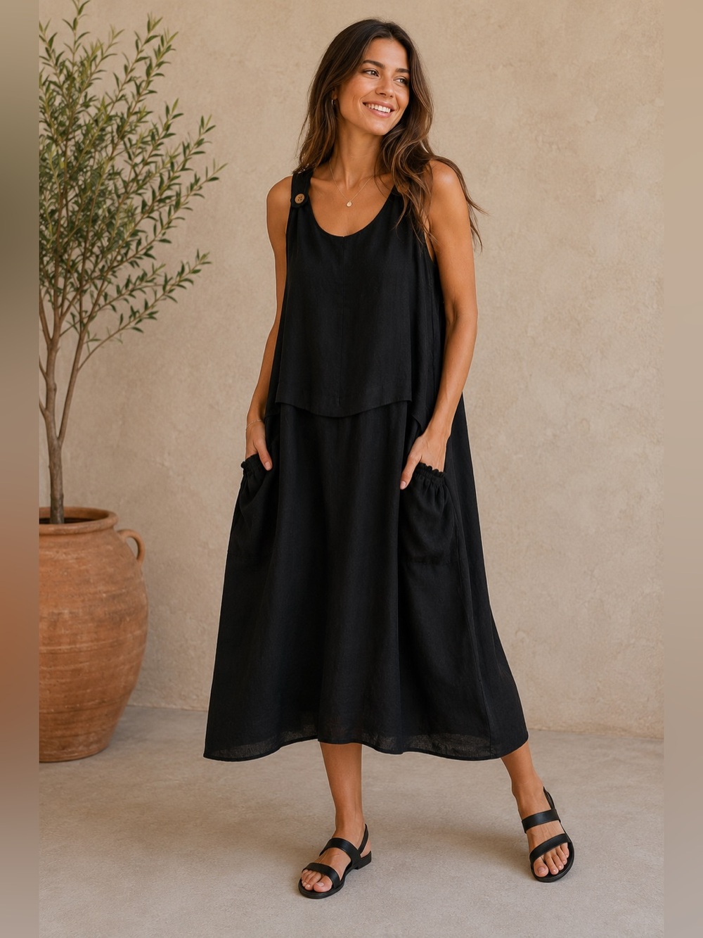 Bella Amore Italian Linen Blend Black Sleeveless Midi Dress L/XL Pockets